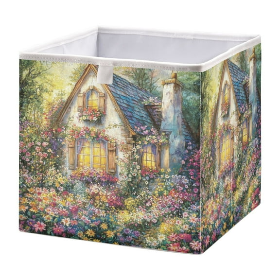WOBOGO Colorful Flower Church Storage Basket Foldable Easy to Clean Durable with Hollow Support Plate with Handle 11.02×11.02×11.02 in