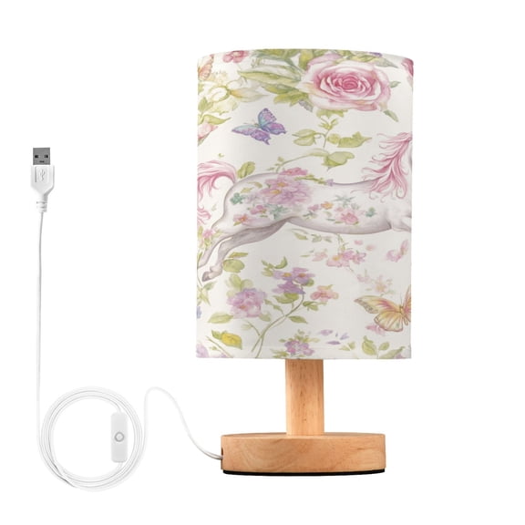 WOBOGO Colorful Flowers Unicorns Pattern Bedroom Table Lamp USB Power Connector Wooden Base Round Linen Shade For Living Room Desk