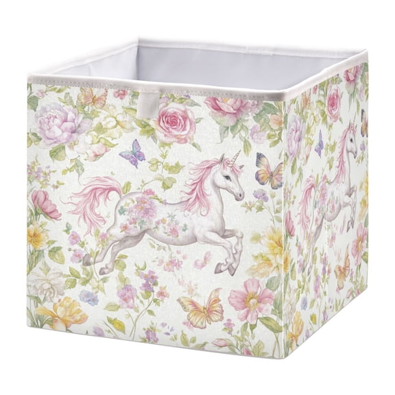 WOBOGO Colorful Flowers Unicorns Pattern Storage Basket Foldable Easy to Clean Durable with Hollow Support Plate with Handle 15.75×10.63×6.96 in