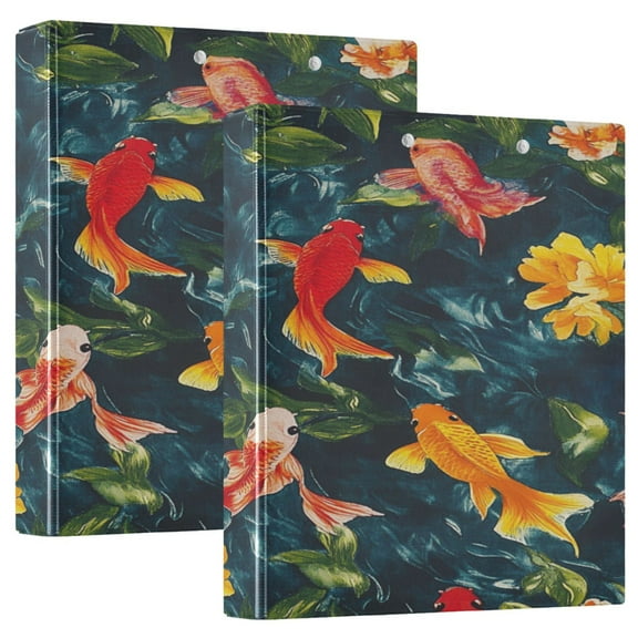 WOBOGO Colorful Goldfish with Yellow Flowers File Folders Extra Large Capacity to Hold 200 Sheets of Documents Hard Shell Ring Binder for School Home Office