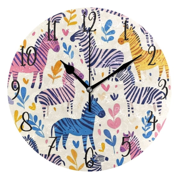WOBOGO Colorful Lovely Zebra Wall Clock 10in Silent Mechanism Battery Operated Retro Style for Living Room Bedroom and Kitchen Black Pointer