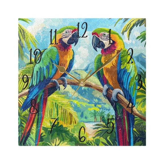 WOBOGO Colorful Parrot Wall Clock 7.78 Inch Battery Operated Silent Unit Square Rustic Vintage Style for Home Bedroom Office Gold Pointer