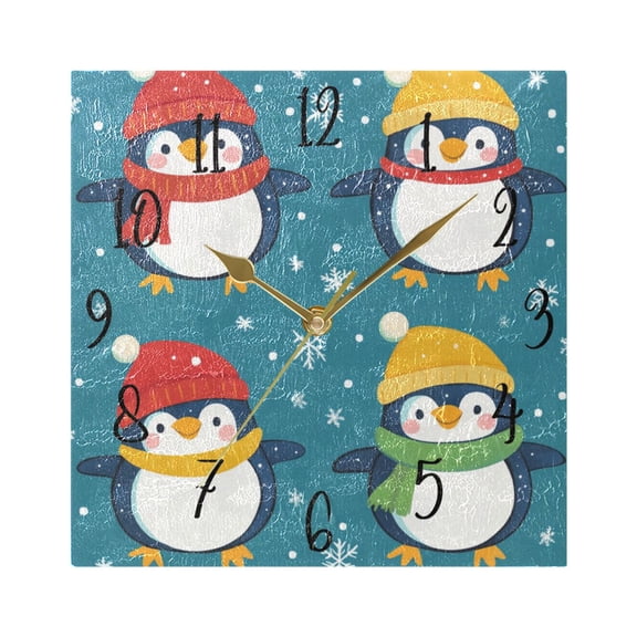 WOBOGO Colorful Scarf Penguin Pattern Wall Clock 7.78 Inch Battery Operated Silent Unit Square Rustic Vintage Style for Home Bedroom Office Gold Pointer