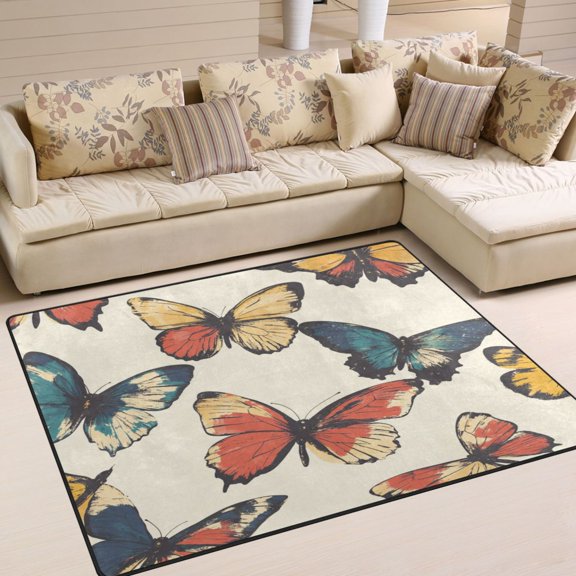 WOBOGO Colourful Butterflies Carpet Non-Slip Rugs Soft Doormat 63×48in Living Dining Room Bedroom Decorative