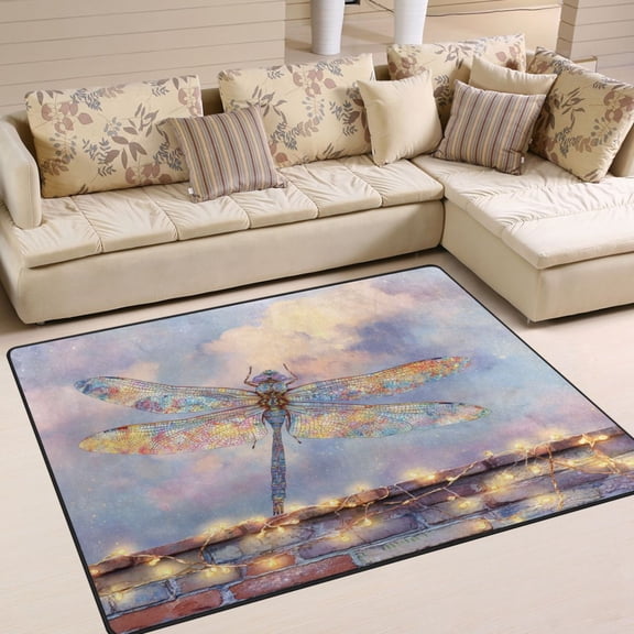 WOBOGO Colourful Dragonfly Carpet Non-Slip Rugs Soft Doormat 63×48in Living Dining Room Bedroom Decorative