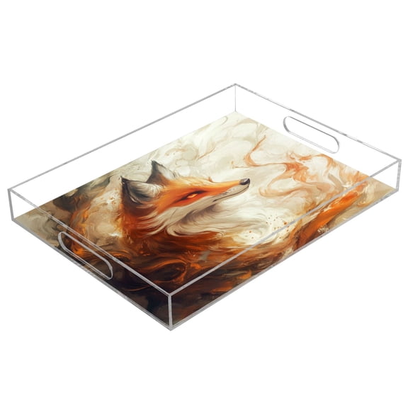WOBOGO Cool Orange Fox Acrylic Serving Trays 15.7x11.8 Inch Spill Proof Clear Decorative Organizer with Handle