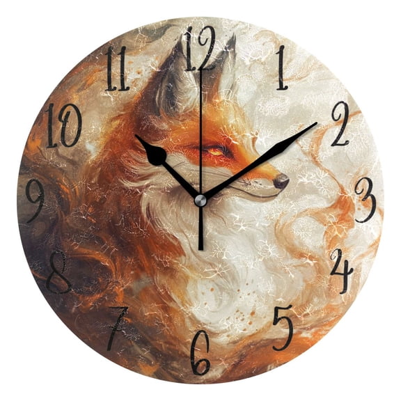WOBOGO Cool Orange Fox Wall Clock 10in Silent Mechanism Battery Operated Retro Style for Living Room Bedroom and Kitchen Black Pointer