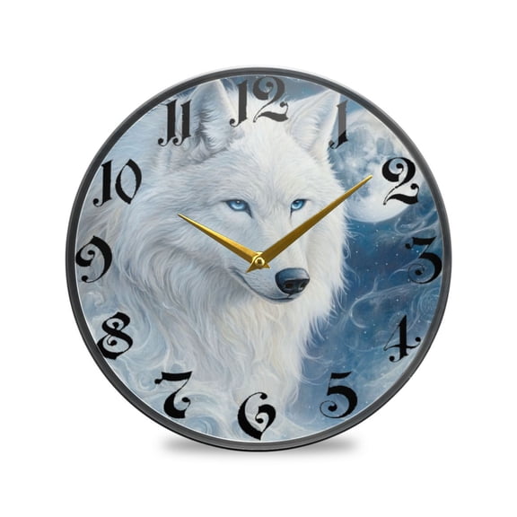 WOBOGO Cool White Wolf Acrylic Wall Clock Battery Operated 9.5in Silent No Tick Bedroom Living Room Office Classroom Decoration