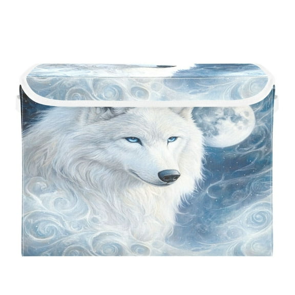WOBOGO Cool White Wolf Large Collapsible Storage Box Flip Lid Fabric Decorative Organizer Container Basket with Handles 16.512.611.8in
