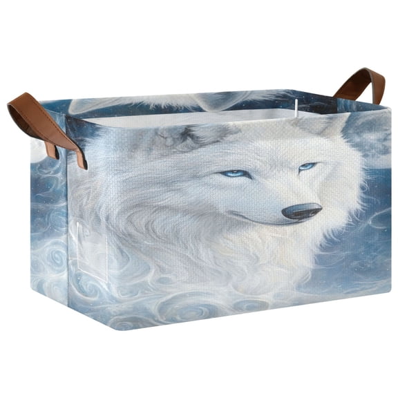 WOBOGO Cool White Wolf Storage Basket 16.9×11.4×10in Collapsible Oversized with Metal Iron Frame Set of 2