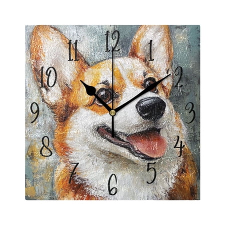 WOBOGO Corgi with Oil Painting Style Wall Clock 7.78 Inch Battery Operated Silent Unit Square Rustic Vintage Style for Home Bedroom Office Black Pointer