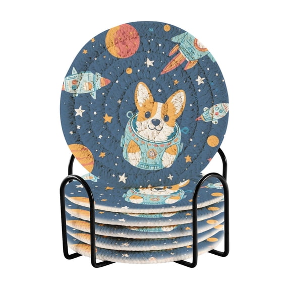 WOBOGO Corgi Rocket Element Pattern Coil Coasters Set of 6 Minimalist Cotton Woven 3.94 inch Non-Slip Insulated and Absorbent Home Accessories.