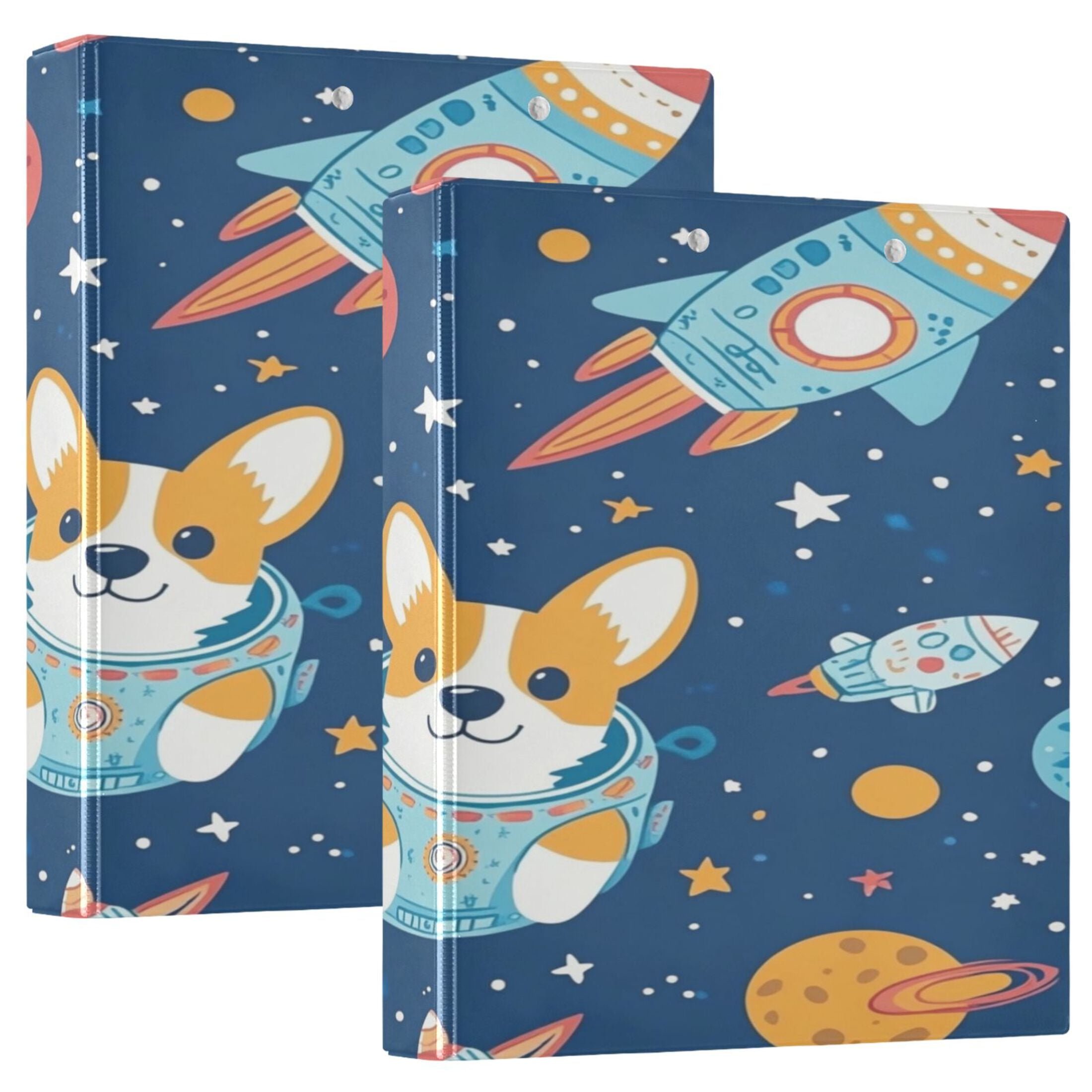 WOBOGO Corgi Rocket Element Pattern File Folders Extra Large Capacity to Hold 200 Sheets of Documents Hard Shell Ring Binder for School Home Office