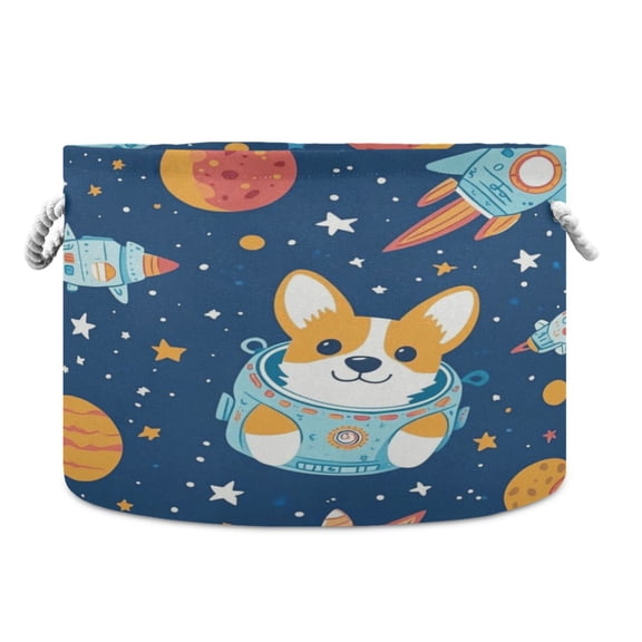 WOBOGO Corgi Rocket Element Pattern Toy Storage Basket 2014in Canvas Laundry Hamper for Living Room Kids Room Bathroom Organizer