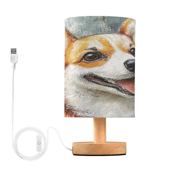 WOBOGO Corgi with Oil Painting Style Bedroom Table Lamp USB Power Connector Wooden Base Round Linen Shade For Living Room Desk