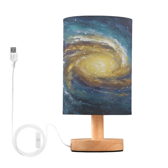 WOBOGO Cosmic Spiral Bedroom Table Lamp USB Power Connector Wooden Base Round Linen Shade For Living Room Desk