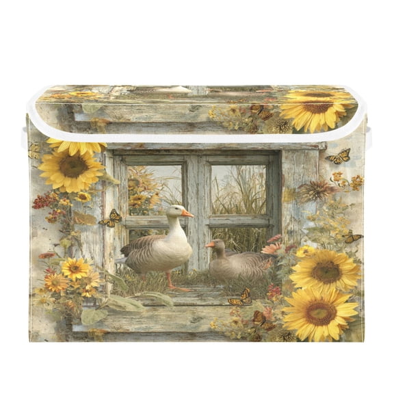 WOBOGO Country Goose Large Collapsible Storage Box Flip Lid Fabric Decorative Organizer Container Basket with Handles 16.512.611.8in