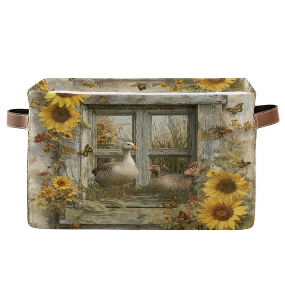 WOBOGO Country Goose Square Storage Basket with Waterproof Canvas and PE Lining Durable PU Leather Handles 14.2×10.2×8.3in
