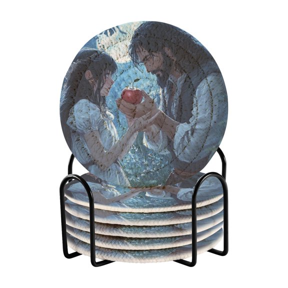WOBOGO Couple Sharing Apples Together Coil Coasters Set of 6 Minimalist Cotton Woven 3.94 inch Non-Slip Insulated and Absorbent Home Accessories.