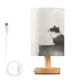 thumbnail image 1 of WOBOGO Cow Cat Bedroom Table Lamp USB Power Connector Wooden Base Round Linen Shade For Living Room Desk, 1 of 7
