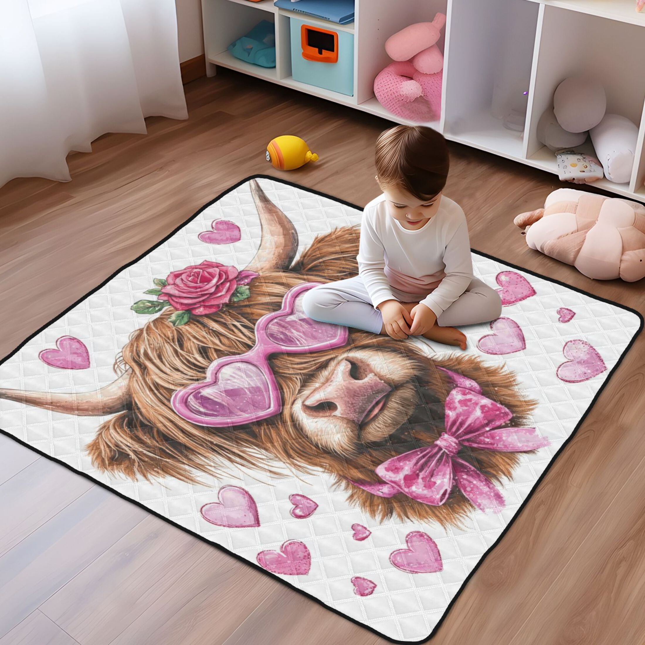 WOBOGO Cow with Love Pattern Baby Playmats Extra Large Waterproof Rollable Activity Pads for Toddlers 50×50inch