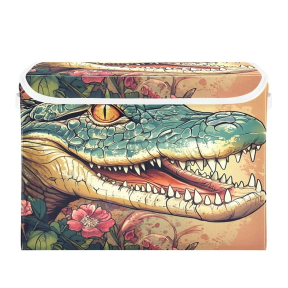 WOBOGO Crocodile Illustration in Realistic Style Large Collapsible Storage Box Flip Lid Fabric Decorative Organizer Container Basket with Handles 16.512.611.8in