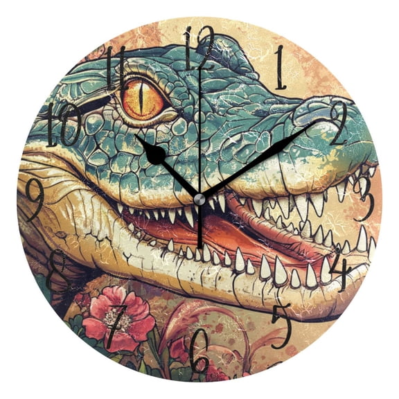 WOBOGO Crocodile Illustration in Realistic Style Wall Clock 10in Silent Mechanism Battery Operated Retro Style for Living Room Bedroom and Kitchen Black Pointer