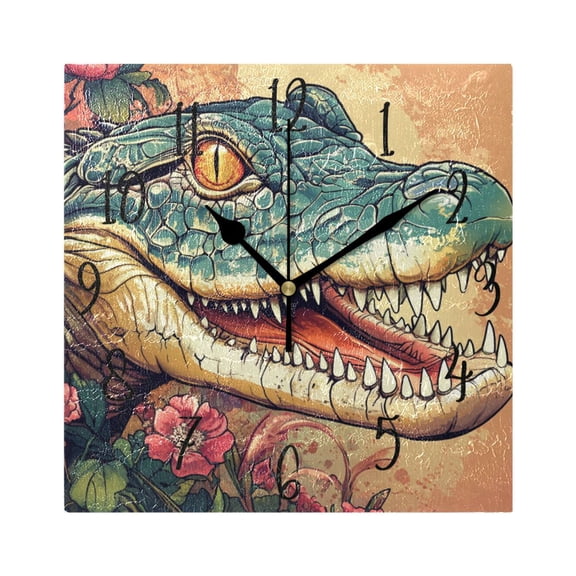 WOBOGO Crocodile Illustration in Realistic Style Wall Clock 7.78 Inch Battery Operated Silent Unit Square Rustic Vintage Style for Home Bedroom Office Black Pointer