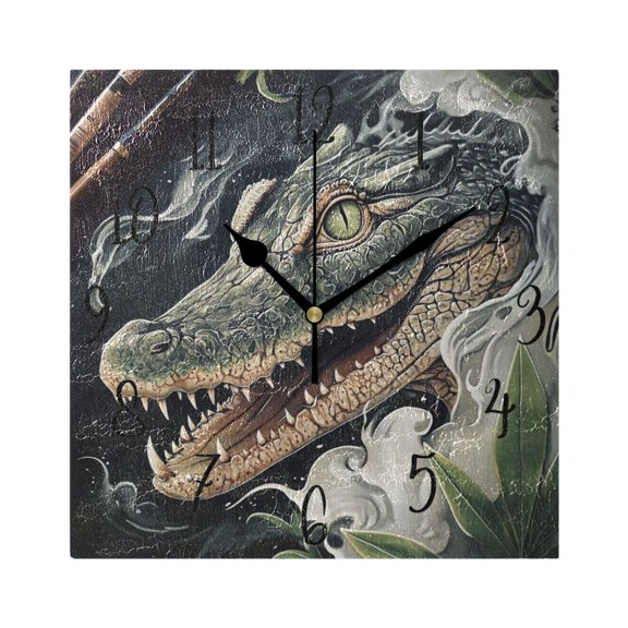 WOBOGO Crocodile Illustration in Realistic Style Wall Clock 7.78 Inch Battery Operated Silent Unit Square Rustic Vintage Style for Home Bedroom Office Black Pointer