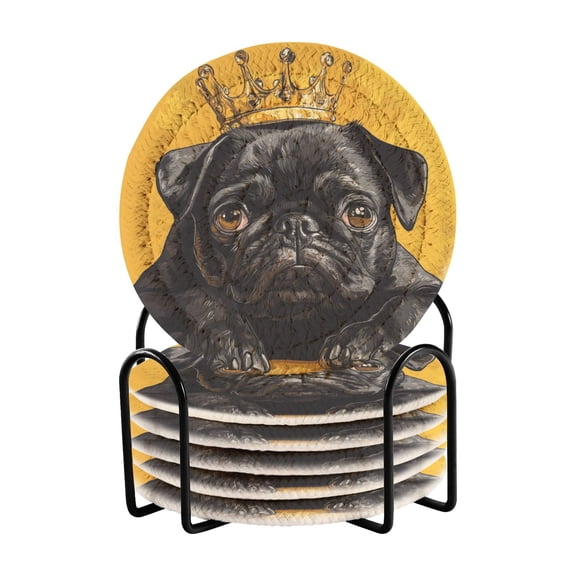 WOBOGO Crown Black Pug Dog Coil Coasters Set of 6 Minimalist Cotton Woven 3.94 inch Non-Slip Insulated and Absorbent Home Accessories.
