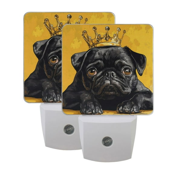 WOBOGO Crown Black Pug Dog LED Night Light 2 Pcs Set 0.5 Watt Wall Plug in Dusk to Dawn Automatic Switch Soft White Light