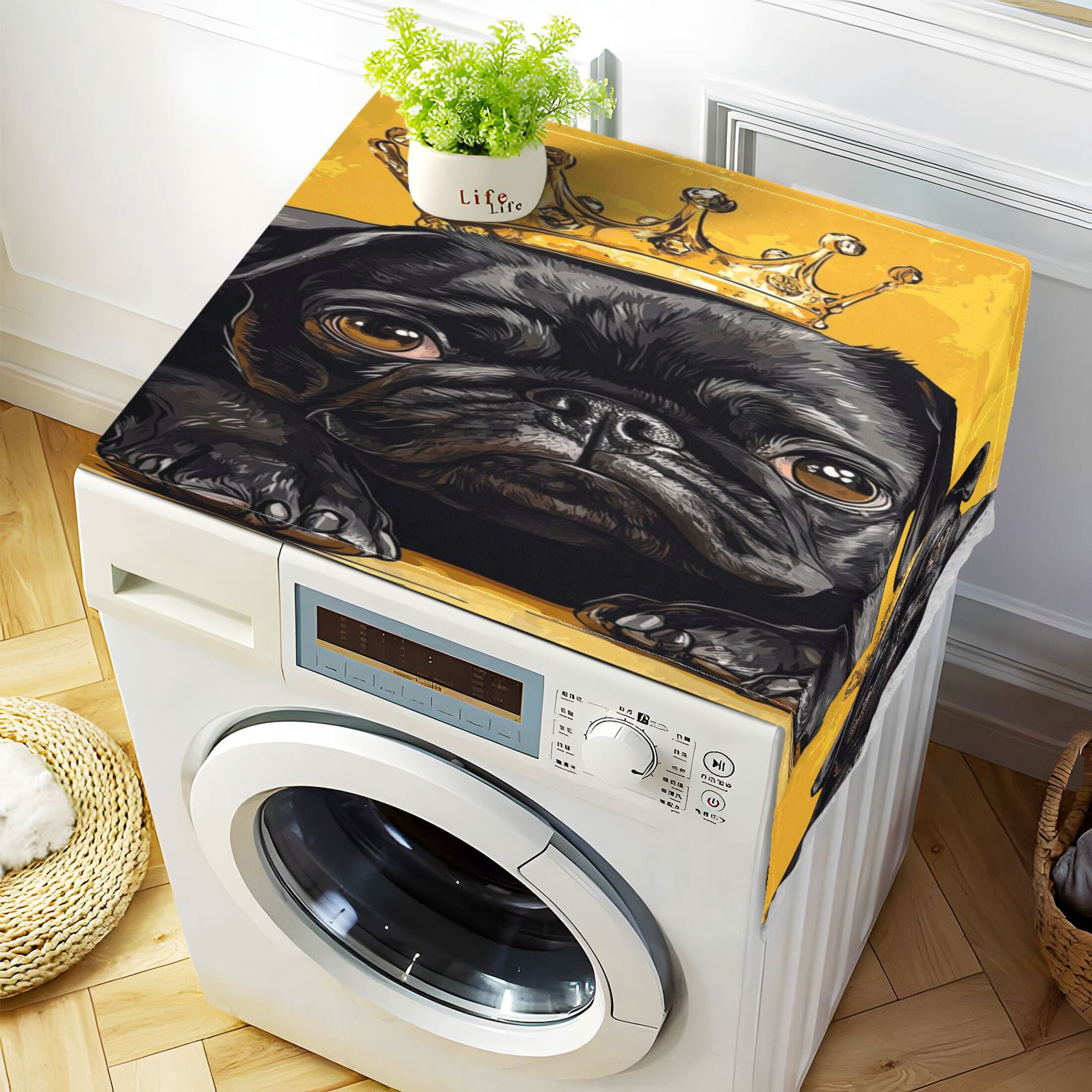 WOBOGO Crown Black Pug Dog Washing Machine Cloth Dryer Refrigerator Top Cover Protective Non-Slip Mat For Kitchen Laundry