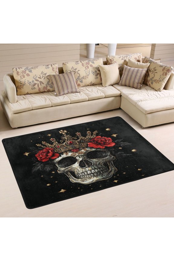 Crown Skull Black Pattern Carpet Non-Slip Rugs Soft Doormat 36×24in Living Dining Room Bedroom Decorative