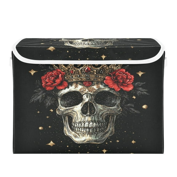 WOBOGO Crown Skull Black Pattern Large Collapsible Storage Box Flip Lid Fabric Decorative Organizer Container Basket with Handles 16.512.611.8in