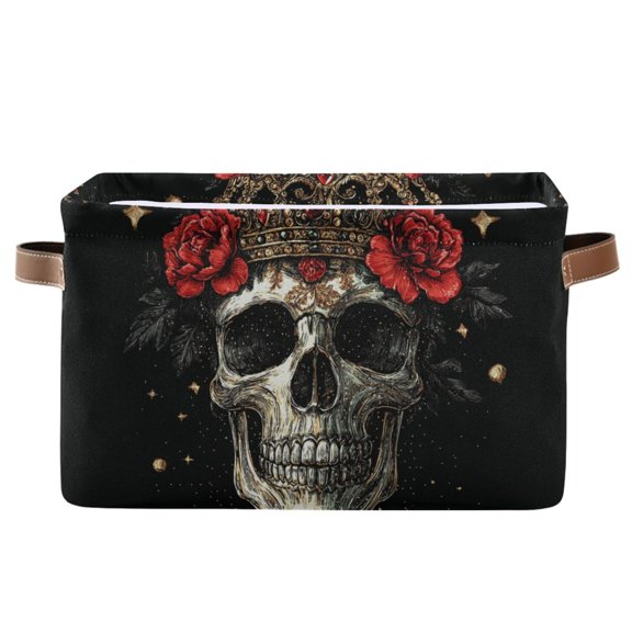 WOBOGO Crown Skull Black Pattern Square Storage Basket with Waterproof Canvas and PE Lining Durable PU Leather Handles 14.2×10.2×8.3in