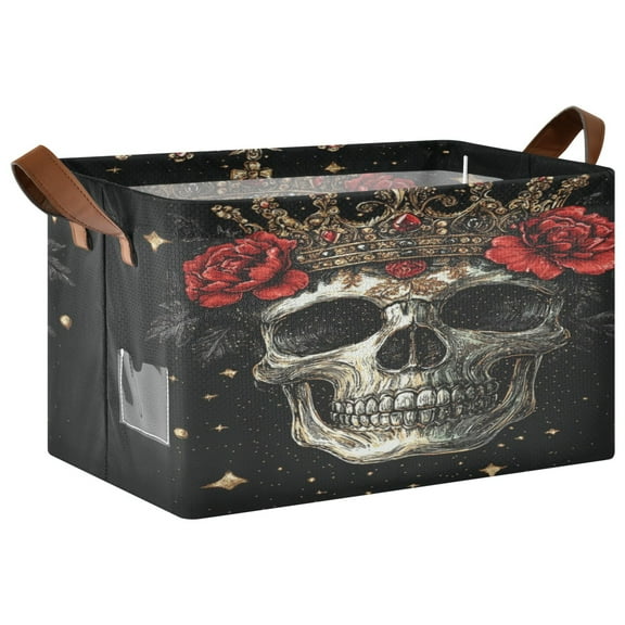 WOBOGO Crown Skull Black Pattern Storage Basket 16.9×11.4×10in Collapsible Oversized with Metal Iron Frame Set of 1