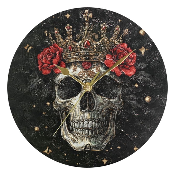 WOBOGO Crown Skull Black Pattern Wall Clock 10in Silent Mechanism Battery Operated Retro Style for Living Room Bedroom and Kitchen Gold Pointer