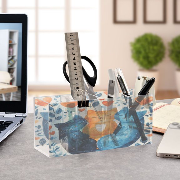 WOBOGO Curled Up Kitten Acrylic Pen Holder 4 Compartments Clear Pencil Organizer Makeup Brush Storage Case