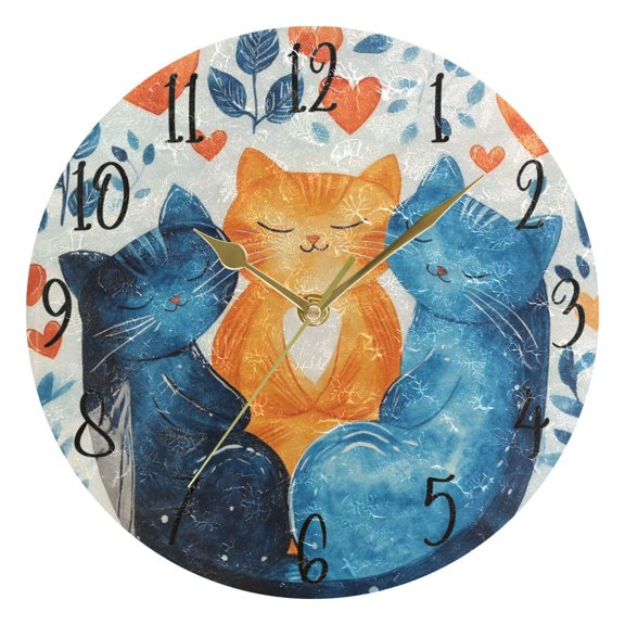 WOBOGO Curled Up Kitten Wall Clock 10in Silent Mechanism Battery Operated Retro Style for Living Room Bedroom and Kitchen Gold Pointer