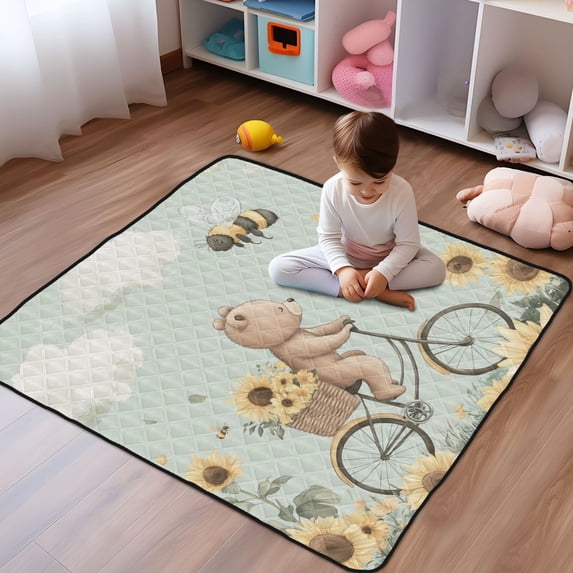 WOBOGO Cut Bear Riding Bicycle Baby Playmats Extra Large Waterproof Rollable Activity Pads for Toddlers 50×50inch