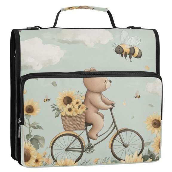 WOBOGO Cut Bear Riding Bicycle Ring Binder Bag 1.5in Folder Organizer with Shoulder Strap for 13Inch Laptop and 500 Sheets of Paper