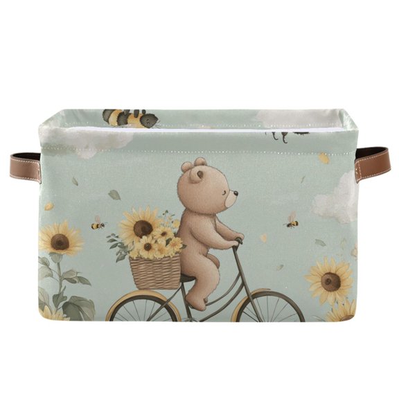 WOBOGO Cut Bear Riding Bicycle Square Storage Basket with Waterproof Canvas and PE Lining Durable PU Leather Handles 14.2×10.2×8.3in