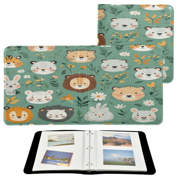 WOBOGO Cute Animal Faces in A Seamless Jungle Pattern Photo Albums 20 Pages Large Capacity DIY Self-adhesive Page PU Leather Cover for Family Wedding Anniversary Baby Vacation Photos 2411.8in