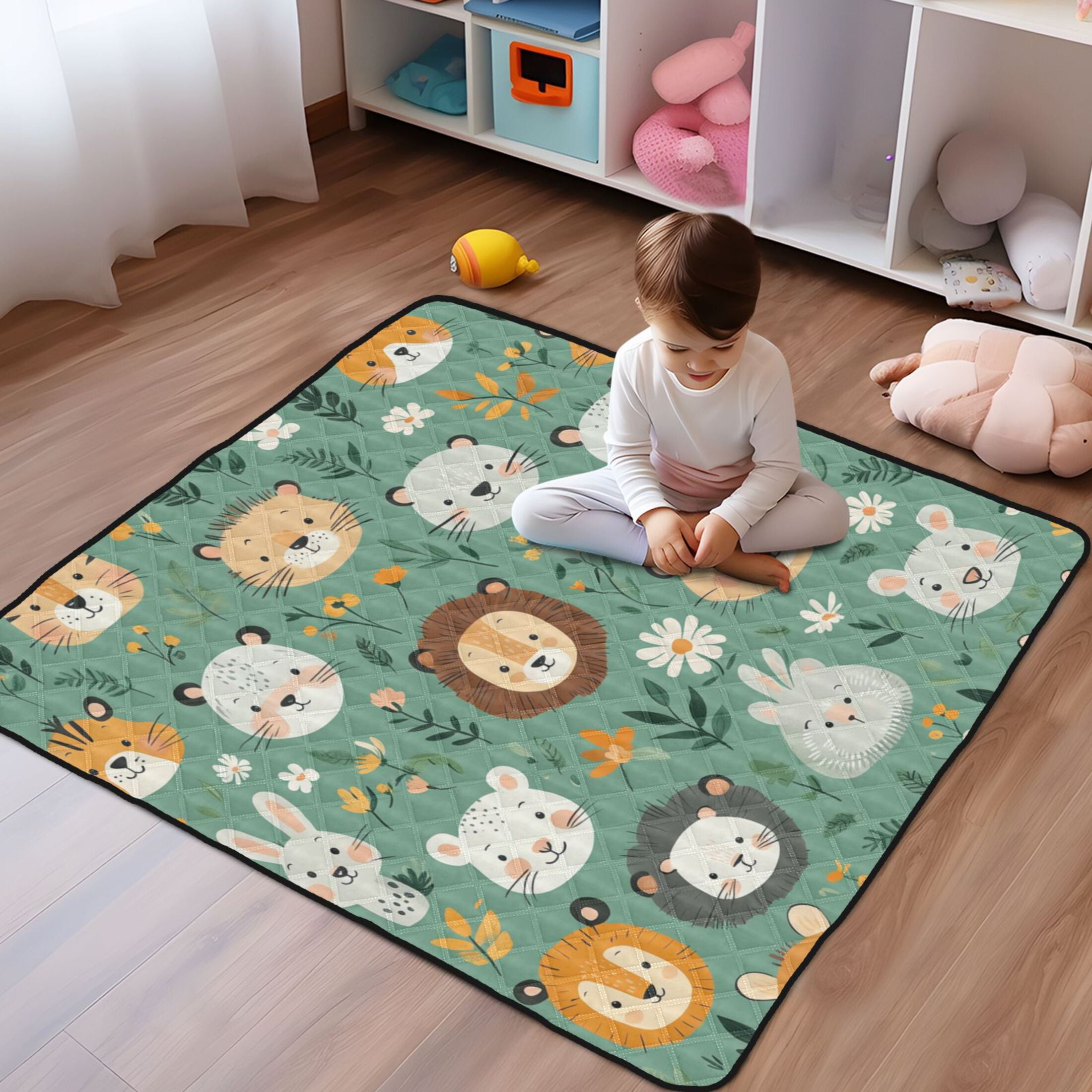 WOBOGO Cute Animal Faces in A Seamless Jungle Pattern Baby Playmats Extra Large Waterproof Rollable Activity Pads for Toddlers 50×50inch