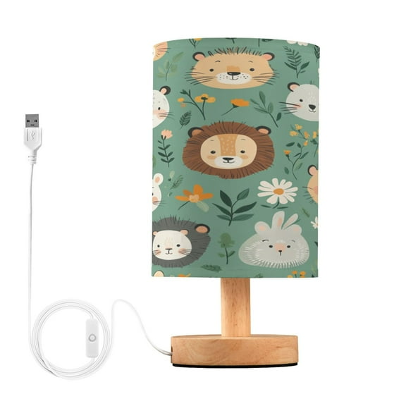 WOBOGO Cute Animal Faces in A Seamless Jungle Pattern Bedroom Table Lamp USB Power Connector Wooden Base Round Linen Shade For Living Room Desk