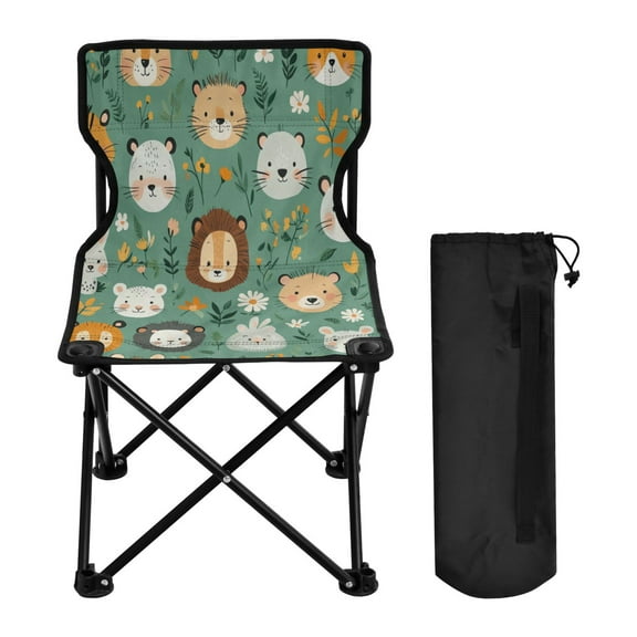 WOBOGO Cute Animal Faces in A Seamless Jungle Pattern Camping Chair Convenient Four Corner Backrest Folding Stool Can Hold Up to 220lbs