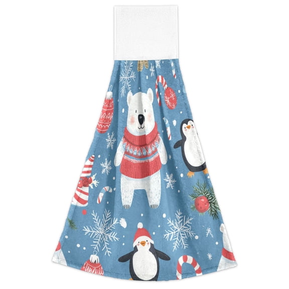 WOBOGO Cute Bears Penguins Blue Pattern Hand Towel Set of 2 Absorbent for Kitchen and Bathroom With Velcro Hanging Loop 18.214in
