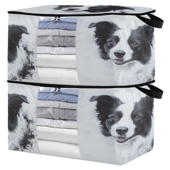 WOBOGO Cute Border Collie Clothes Storage 2Pack Foldable Thick Fabric Blanket Organizer Bag with Handle 21.65×13.78×12.4in