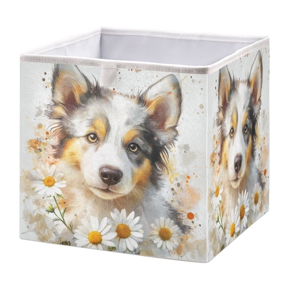 WOBOGO A Cute Border Collie with Daisies Pattern Storage Basket Foldable Easy to Clean Durable with Hollow Support Plate with Handle 15.75×10.63×6.96 in