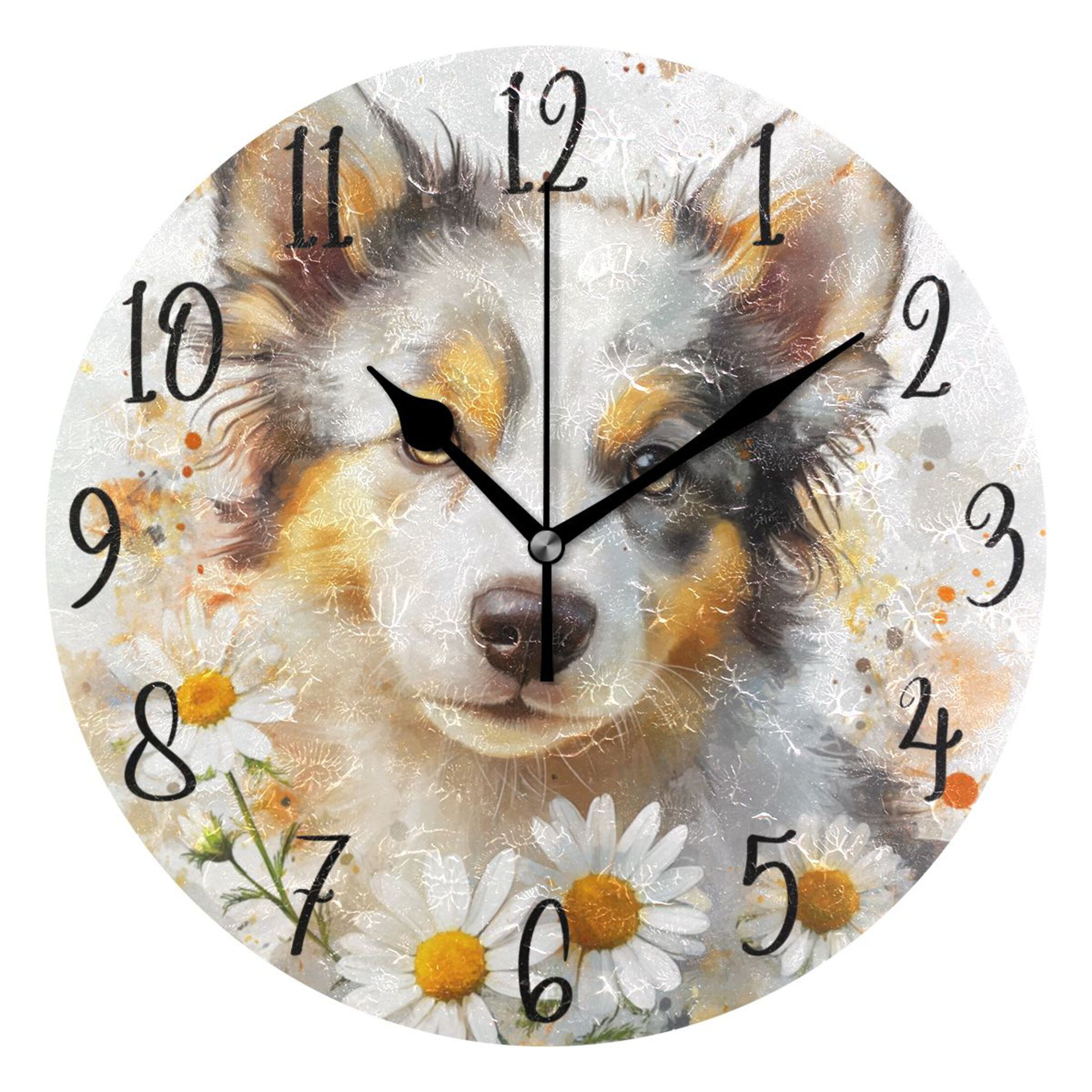 WOBOGO A Cute Border Collie with Daisies Pattern Wall Clock 10in Silent ...